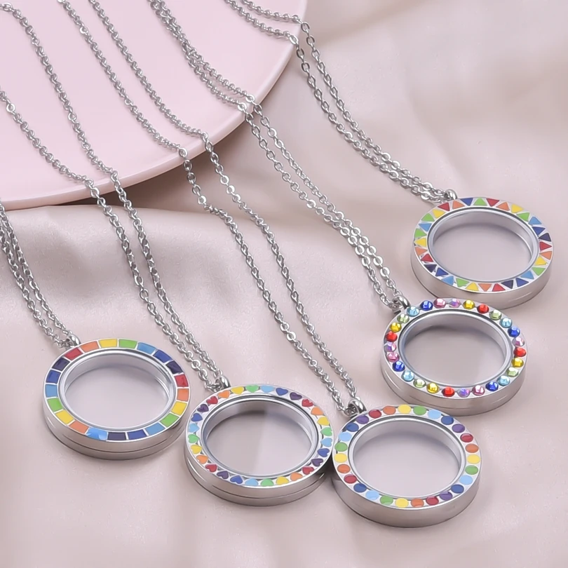 

Stainless Steel Necklace for Women Glass Floating Locket Bohemia Colorful Medallion Relicario Photo Collar Long Chain Jewelry