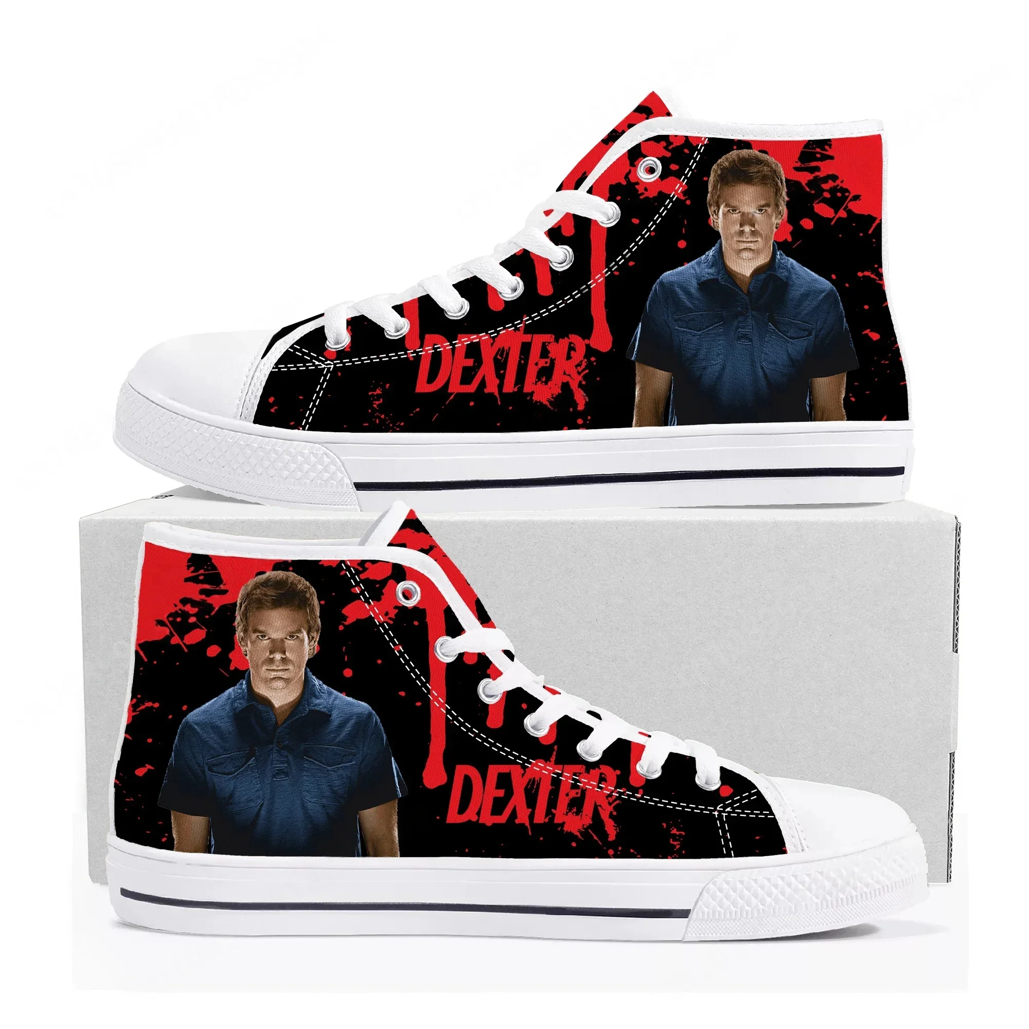Фото Кроссовки Dexter TV Show Morgan High Top высокого качества для мужчин, женщин и подростков, повседневные кеды из канваса, обувь на заказ, индивидуальный дизайн №1