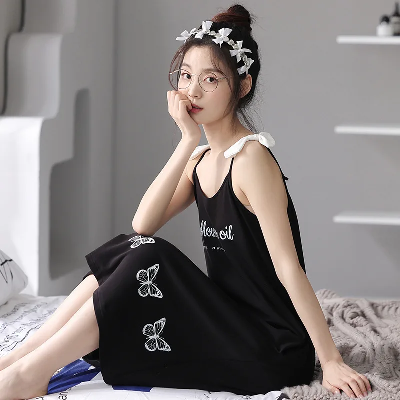 Women Summer Pajamas Thin Cool Feeling Cotton Round Neck Sleepwear Loose Sleeveless Nightgowns Simple Style Advanced Loungewear