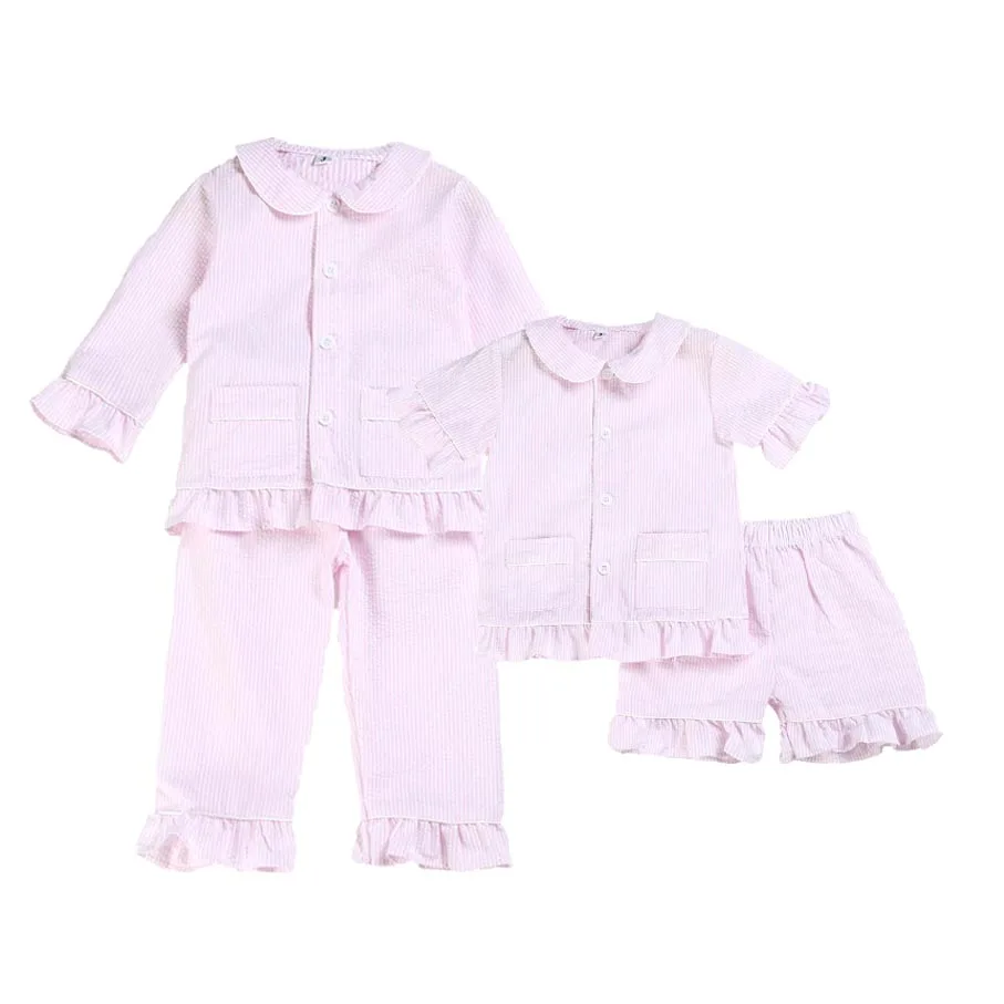 

100% Cotton Seersucker Two Pieces Spring Summer Pink Ruffle Button Kids Pyjamas Boys And Girls Easter Pajamas Sets