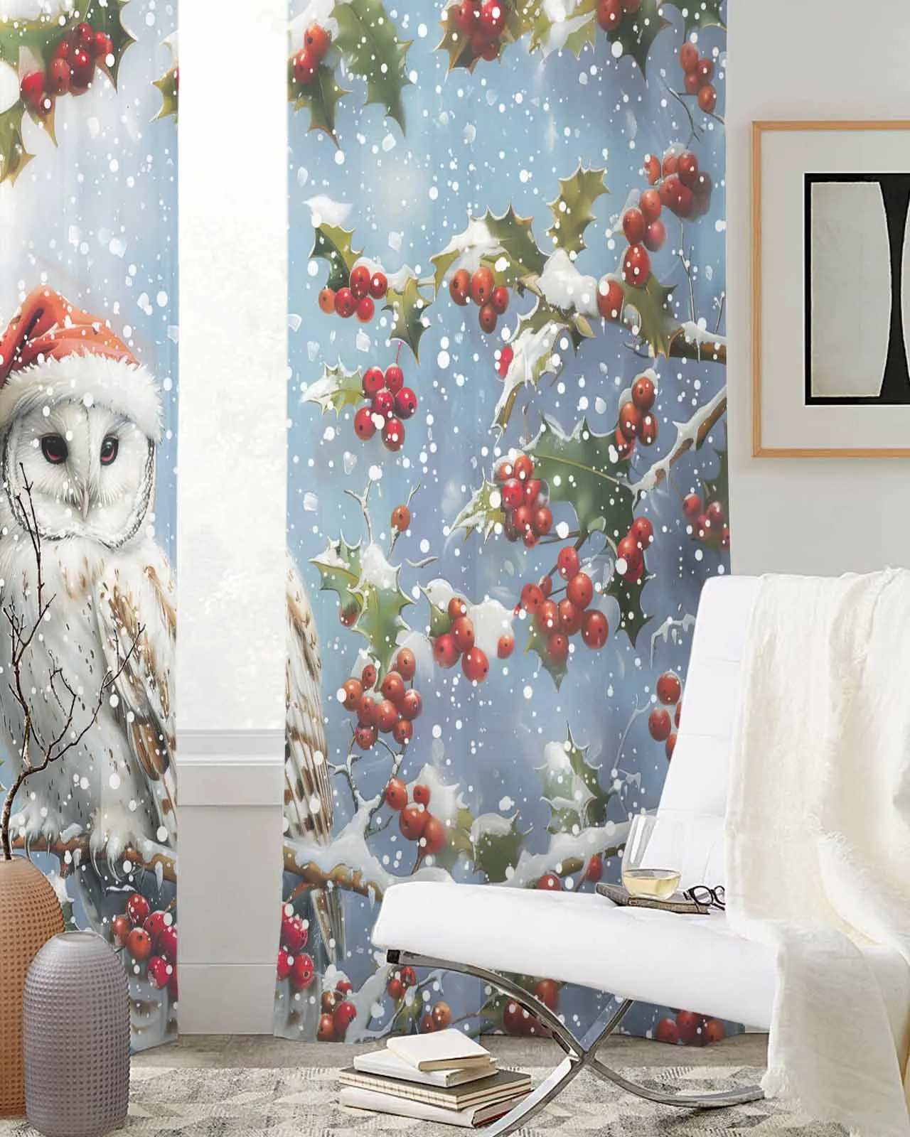 Christmas Winter Snowscape Owl Curtain Tulle Curtains For Living Room Kitchen Window Treatments Voile