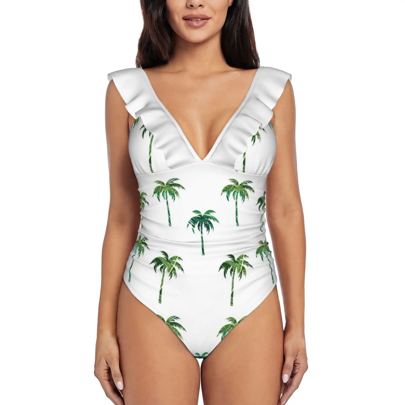 

Женский слитный купальник, пикантный купальник с принтом зеленых пальм и оборками, пляжная одежда для плавания, монокини на лето
