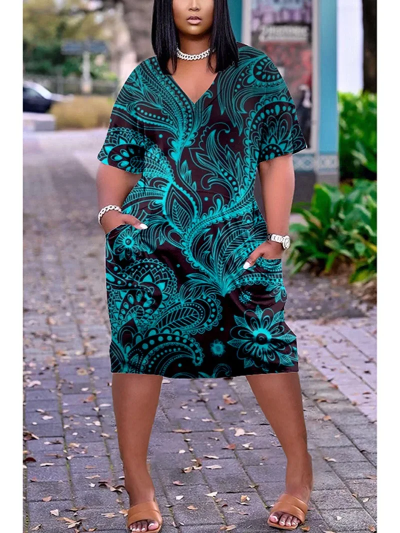 

Женское летнее платье с V-образным вырезом, средней длины