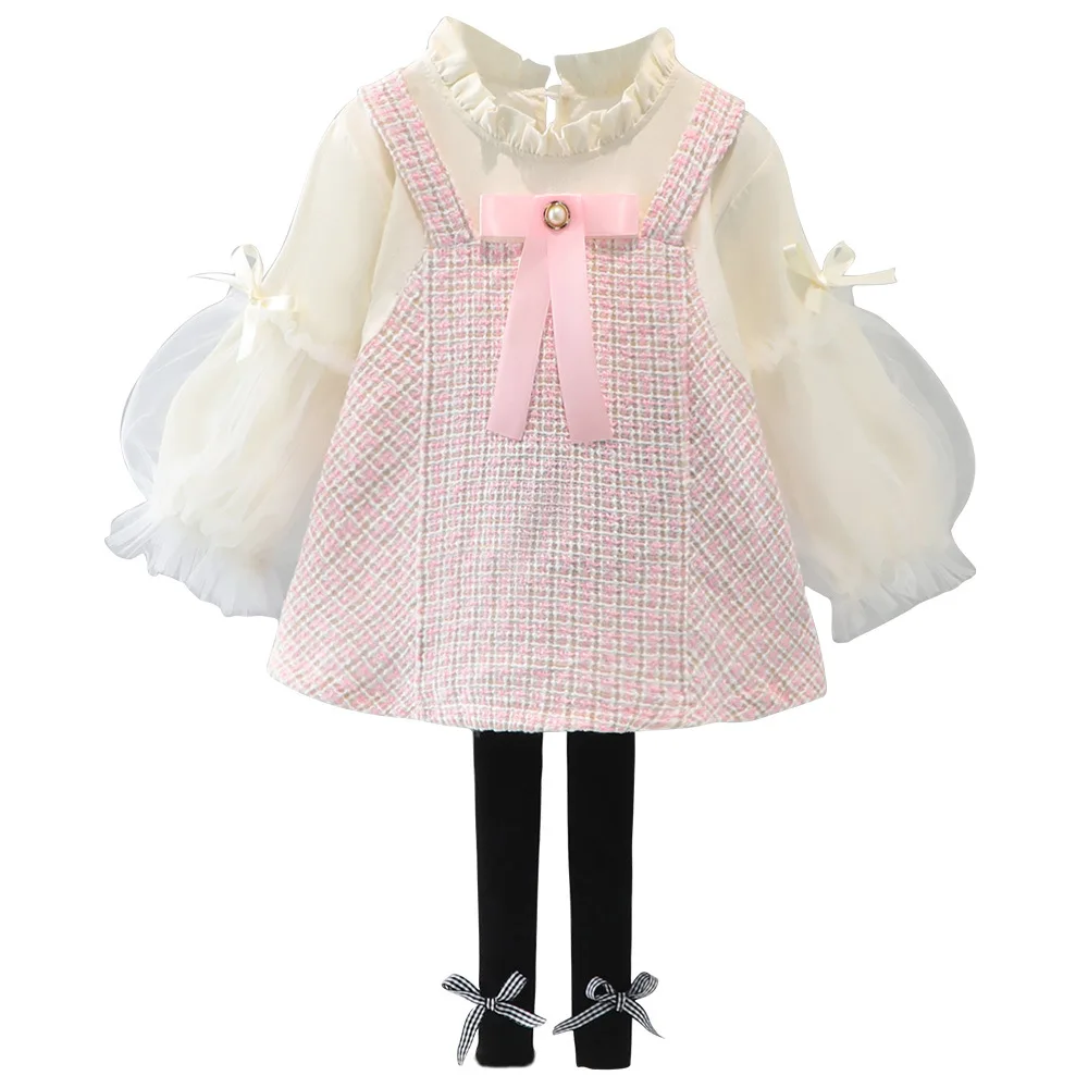 

Spring Baby Girl's Sweet Mesh Long-Sleeved Plaid Dress Child Bowknot Princess Dress Casual Pants Kids Clothes Girls