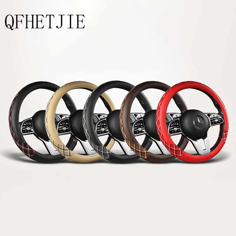 

QFHETJIE 38cm Car Steering Wheel Cover Four-season Universal Double-row Anti-skid Plaid Car Handle Cover Interior Accessories