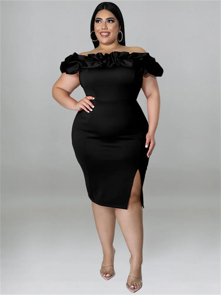 Plus Size Women Clothing Party Dresses Summer Ruffles Off Shoulder Solid Bodycon Elegant Midi Dress Sum 3xl 4xl 5xl 6xl