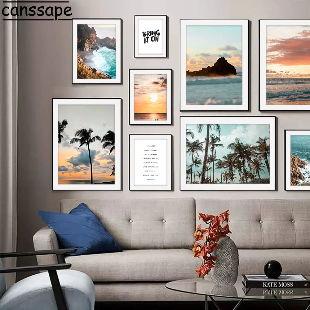 

Настенные картины с кокосовым деревом, семейный пляжный печатный плакат, Настенная картина с морским пейзажем, скандинавский плакат