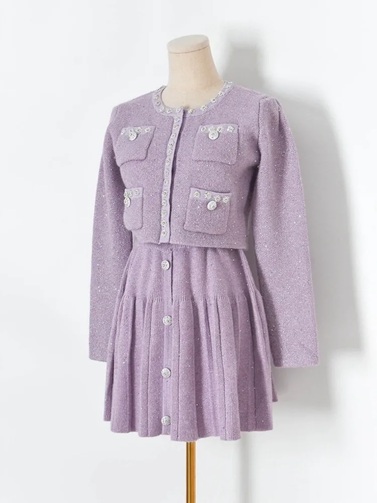 Женский трикотажный костюм элегантный фиолетовый из двух предметов короткая