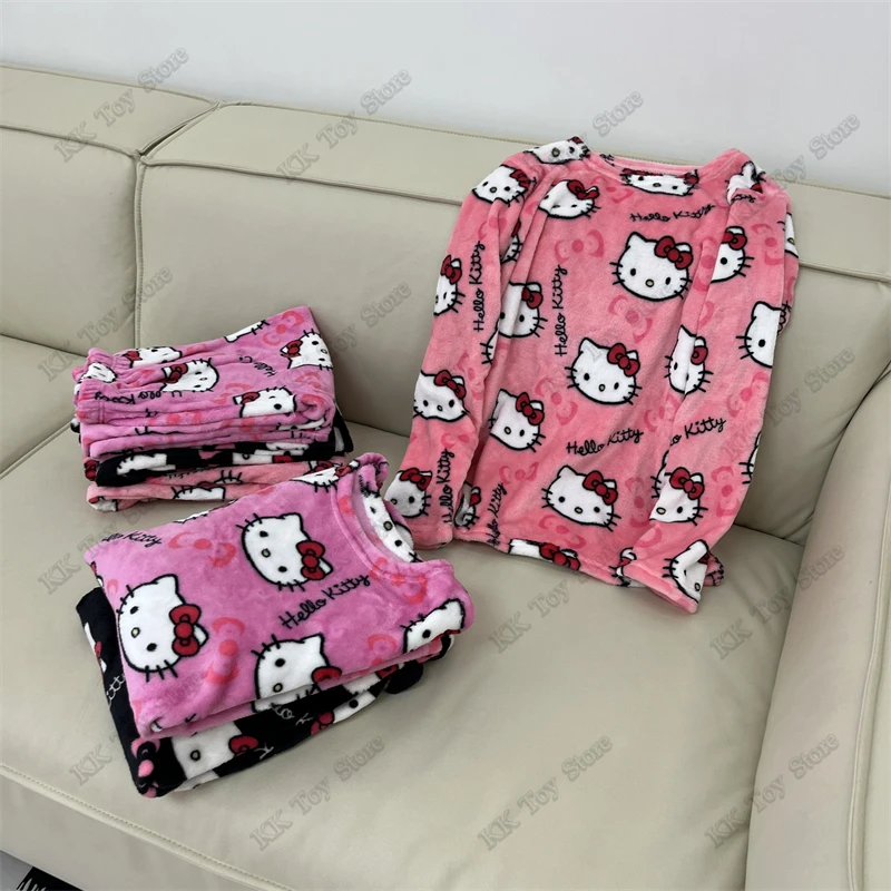 Фланелевой пижамный комплект Hello Kitty Kawaii теплые шерстяные повседневные домашние