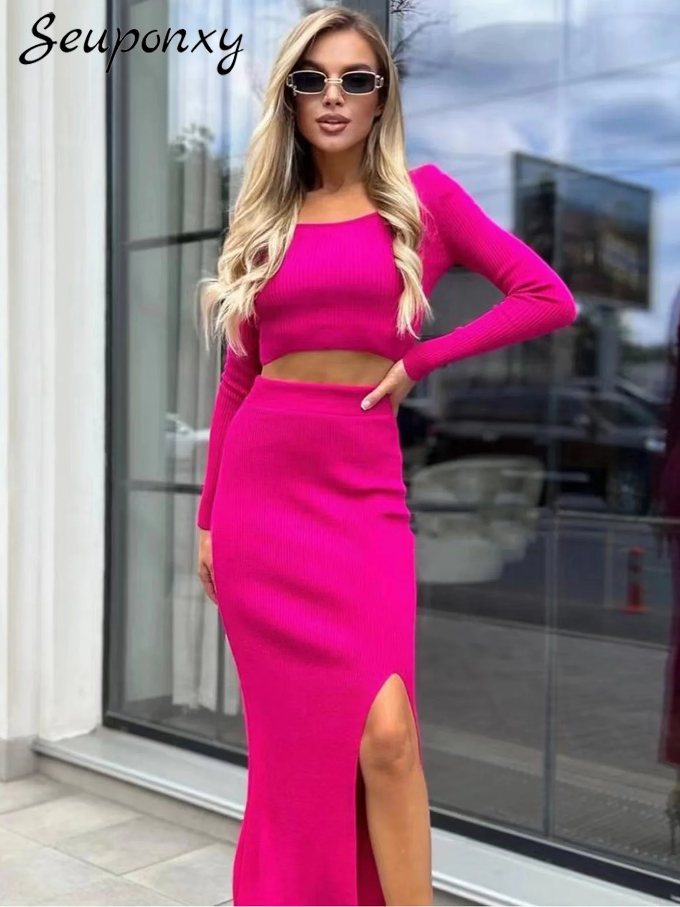 

High Quality Autumn 2022 Women'S Knitted Two-Piece Set Sexy O-Neck Long-Sleeved Short Top + High-Waist Split Skirt Casual Set