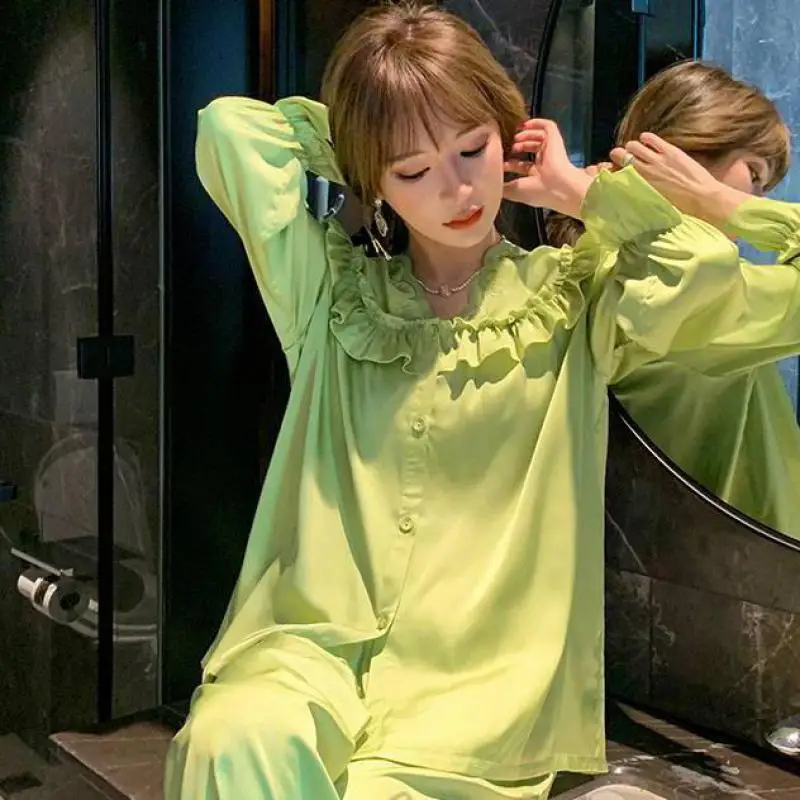 Pajamas Suit Women Pink 2PCS Home Clothing Intimate Lingerie Flare Sleeve Spring Casual V-Neck New Homewear Sleep Set Pyjamas