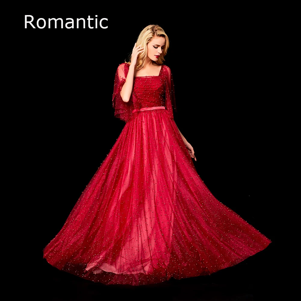 

Romantic Fairy Red Party Dresses Square Collar Beading Prom Dresses Backless A-LineFloor Length Evening Dress For Women Vestido