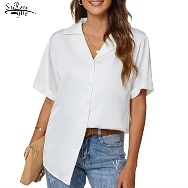

2022 Fashion Notched Office Lady Solid Loose Tops Summer Satin Blouse Women Casual Button Short Sleeve Silk Women's Shirt 19931