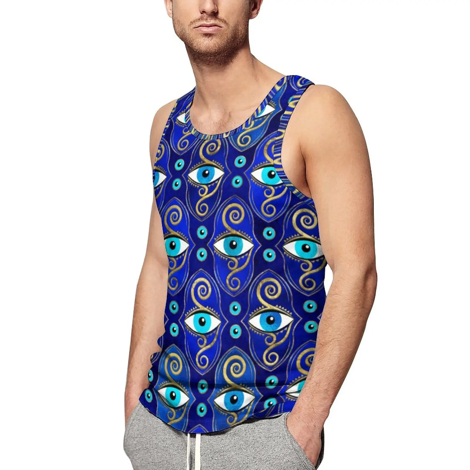 

Blue Evil Eye Charm Tank Top Man Greek Amulet Workout Oversized Tops Summer Muscle Custom Sleeveless Shirts