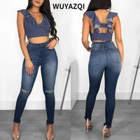 wuyazqi fashion womens jeans with holes fashion dark blue tight womens pants hip lifting womens jeans casual pants for women