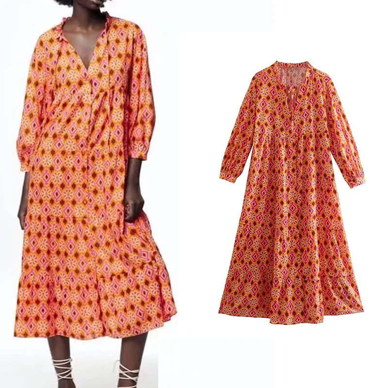

Autumn 2022 Women Print Maxi Dress O Neck Long Sleeve Female Loose Casual Dress Vestidos XX8741