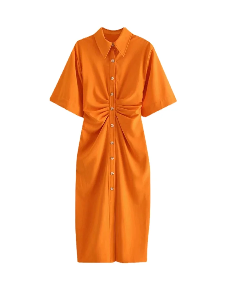 

2022 New Women Chic Fashion Button-up Draped Midi Shirt Dress Harajuku Vintage Short Sleeve Side Zipper Female Dresses Vestidos