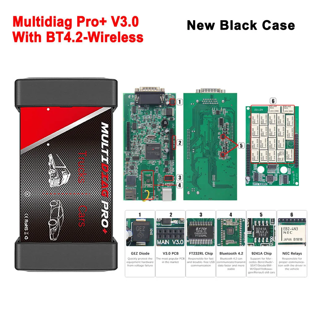 

Диагностический Сканер Multidiag Pro + V2021.11 V3.0 OBD2 С Bluetooth И Реле CDP NEC Для Легковых И Грузовых Автомобилей - Бе...