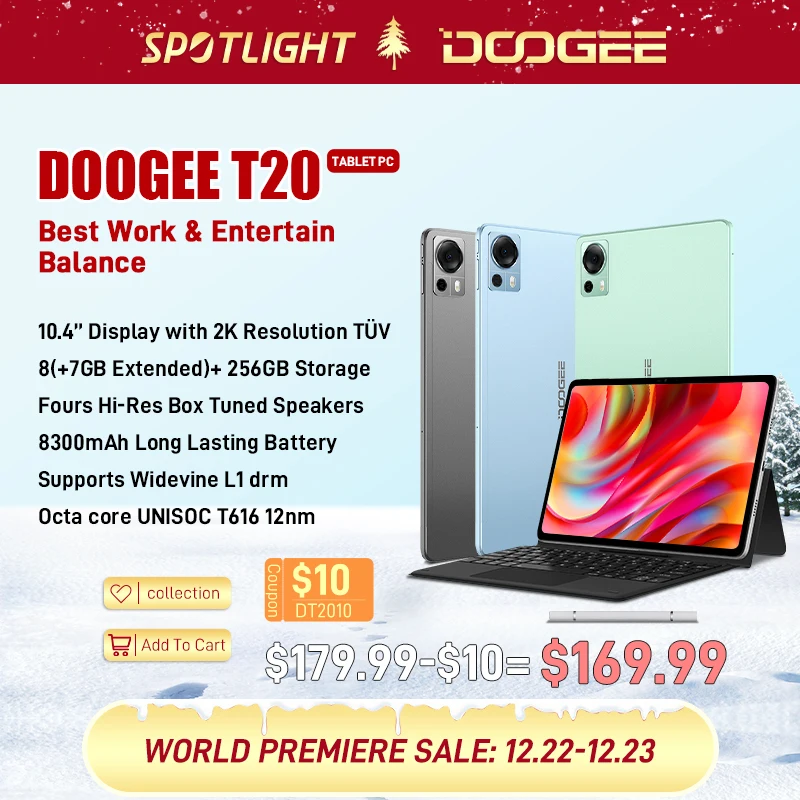  DOOGEE T20 Tablet 8GB+256GB 10.4" 2K TÜV Display Octa Core 12nm Widevine L1 Pad Four Hi-Res Box Tuned Speakers 8300mAh 