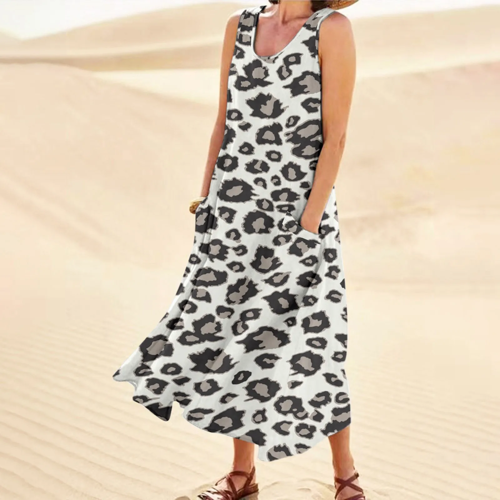 

Summer Women Leopard Dress Beach Sleeveless Sundress Elegant Cotton Blend Solid Long Lady Tank Dress Vintage Pockets Vestidos