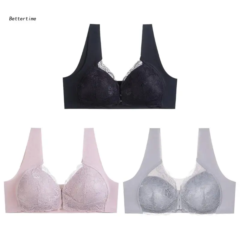 

B36D Women Large Size Wide Strap Invisible Bra Front Closure Push Up Lace Bralette