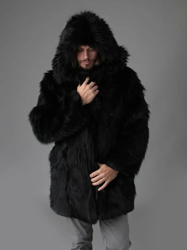 

Зимняя мужская флисовая куртка с капюшоном, Толстая теплая роскошная черная парка с длинным рукавом и мехом, Мужская пушистая верхняя одежда
