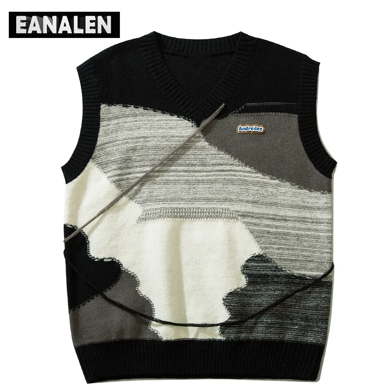 

Harajuku black and white striped diamond jumper sweater vest men's oversized Korean Vintage Y2k knitted ugly sweater women's