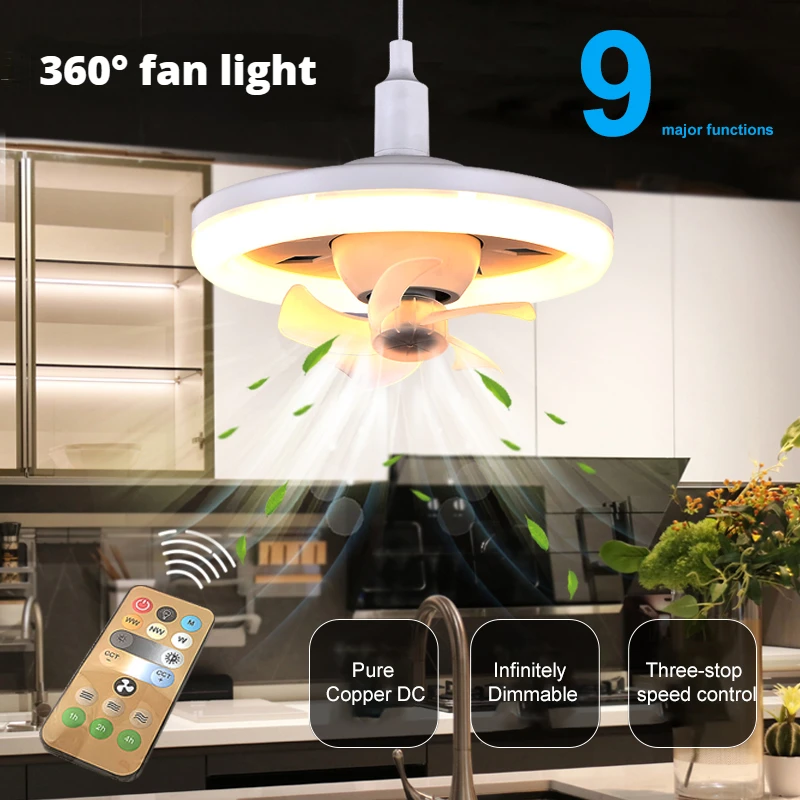 

60W Ceiling Fan E27 with Led Light and Remote Control 360 ° Rotation Cooling Electric Fan Lamp Chandelier for Home Air Decor