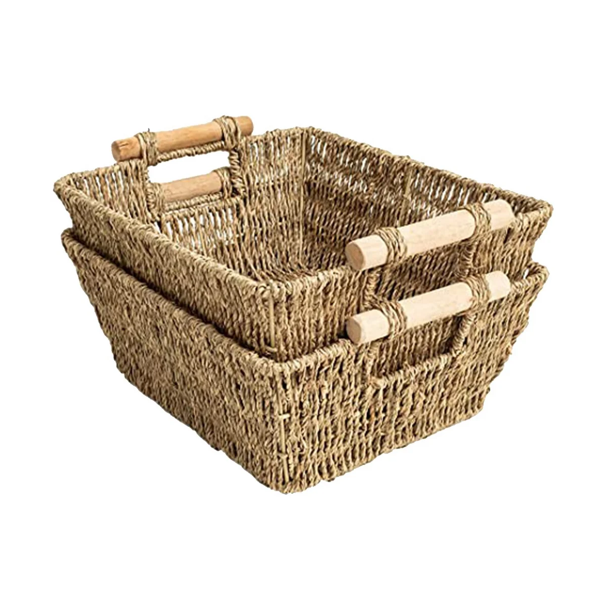 

Handmade Woven Wicker Storage Baskets, Seagrass Shelf Baskets, Toilet Paper Towel Holder Basket with Wooden Handles