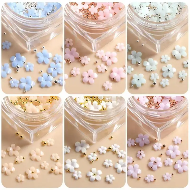 

Flower Five-Petal Color Nail Art Decoration Jewelry White Flower Box Resin Flower With Steel Ball Nail Drill Nail Accessories