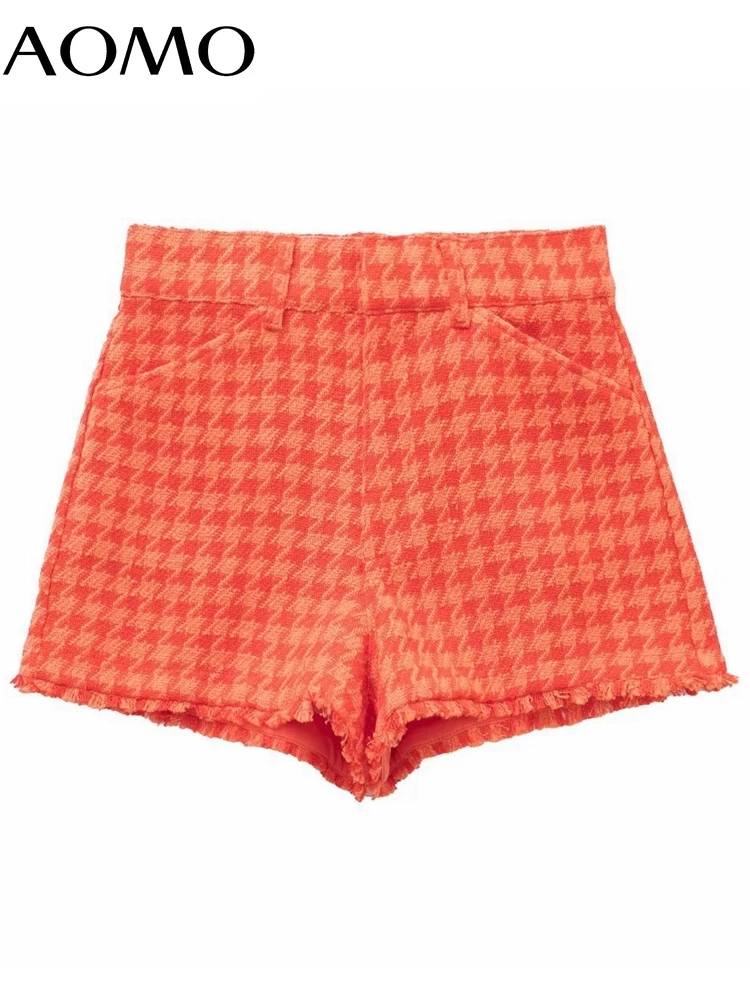 

AOMO Women Plaid Tweed Shorts Tassels Zipper Pockets Female Retro Casual Shorts Pantalones 3H323A