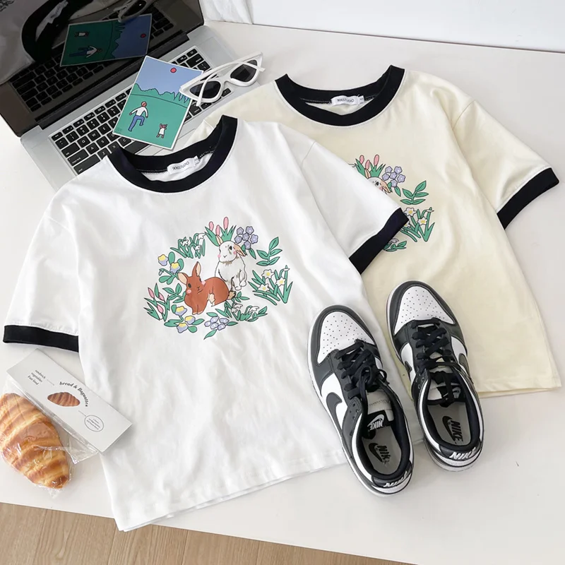 

Cute Cartoon Rabbit Print Basic Cotton Contrasting Round Neck Short Shoulder T-shirt