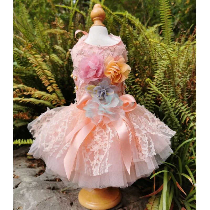 

2023 Pet Dog Clothes Handmade Embroidered Flower Bow Princess Wedding Dress For Small Medium Dog Lace Skirts Puppy Costumes Coat