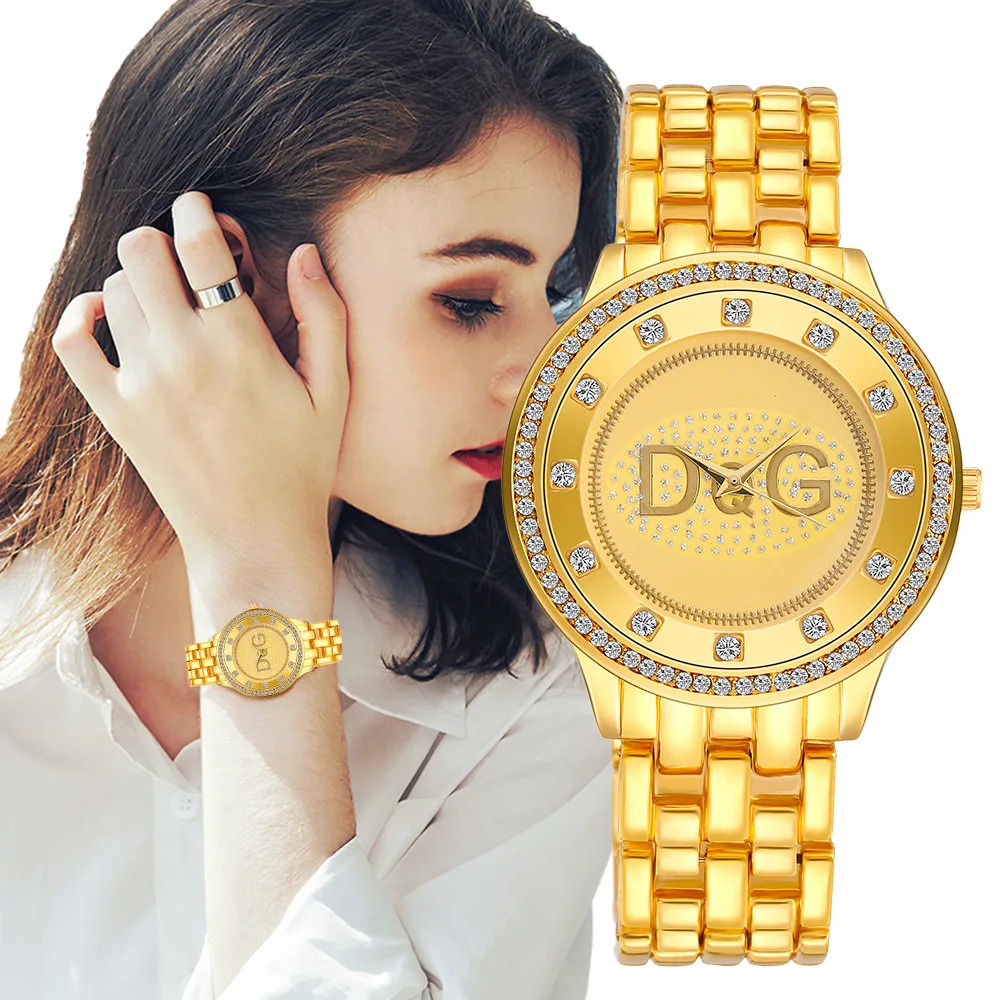 

Relojes de acero inoxidable dorados de lujo para mujer, pulsera con diseño de esfera DQG Simple, informal, de cuarzo, regalos