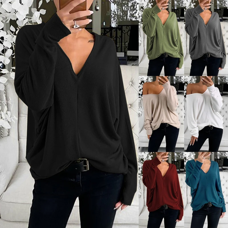 

Women V Neck Long Sleeve Base Shirt Loose Baggy Pullover Women's Clothing женские футболки Mujer Camisetas