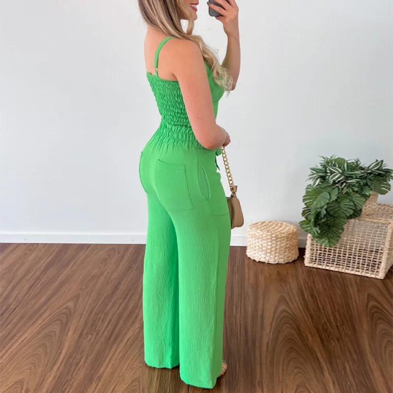 Women's Spring 2023 New V-neck Short Vest Tethered High Waist Patch Pocket Straight Pants Casual Suit