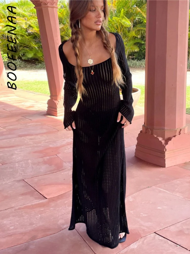 

BOOFEENAA Sexy Hollow Out Hole Knitted Long Sleeve Maxi Dresses for Women See Through Black Dress Beach Vacation Outfit C81-EZ38