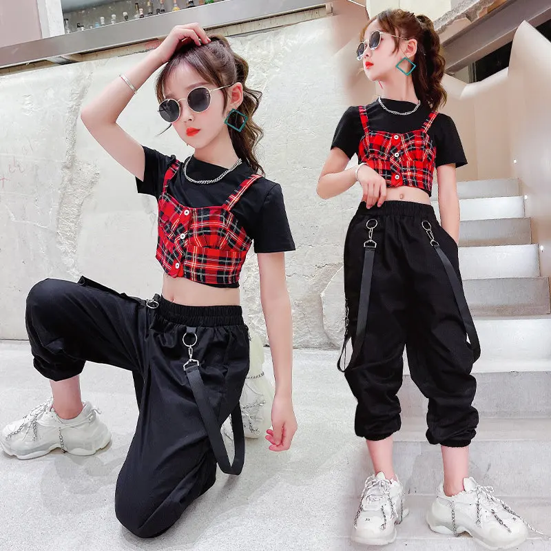 

Teen Girls Summer Outfits Fashion Red Plaid Patchwork Crop Top+Cargo Pants Chain Three Pieces Streetwear Teenage Clothes 5-14Y