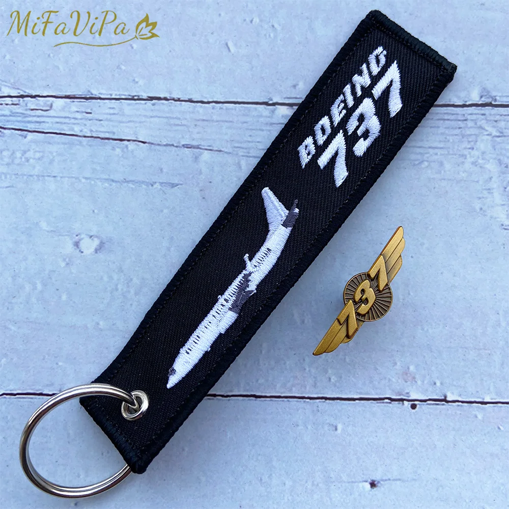 MiFaViPa Black Boeing 737 Embroidery Keychain with 737 Brooch Llavero Aviation Key Chains for Flight Crew Gift Chaveiro Key Ring