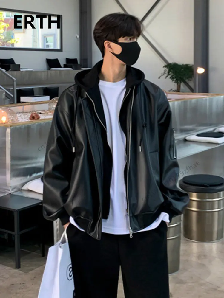 

Куртка ERTH мужская из искусственной кожи, модная однотонная Повседневная блестящая куртка с капюшоном, на молнии, в Корейском стиле, 2023