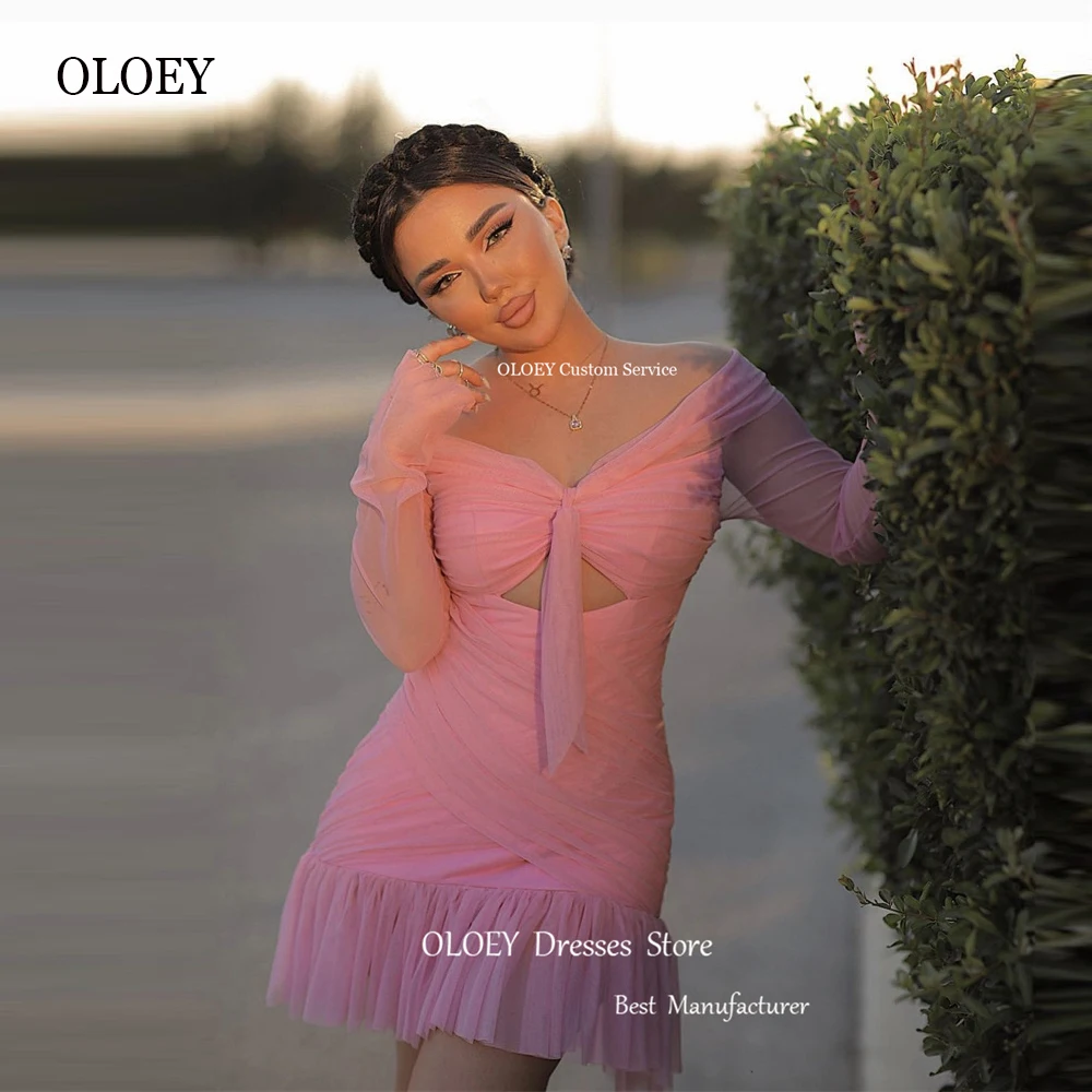 

OLOEY Lovely Blush Pink Tulle Short Party Drewsses Long Sleeves Off the Shoulder Dubai Arabic Women Cocktail Dress 2023 Summer