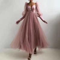 pink a line tulle prom dress long puffy sleeve sweetheart simple formal evening cocktail gowns open back ankle length dresses