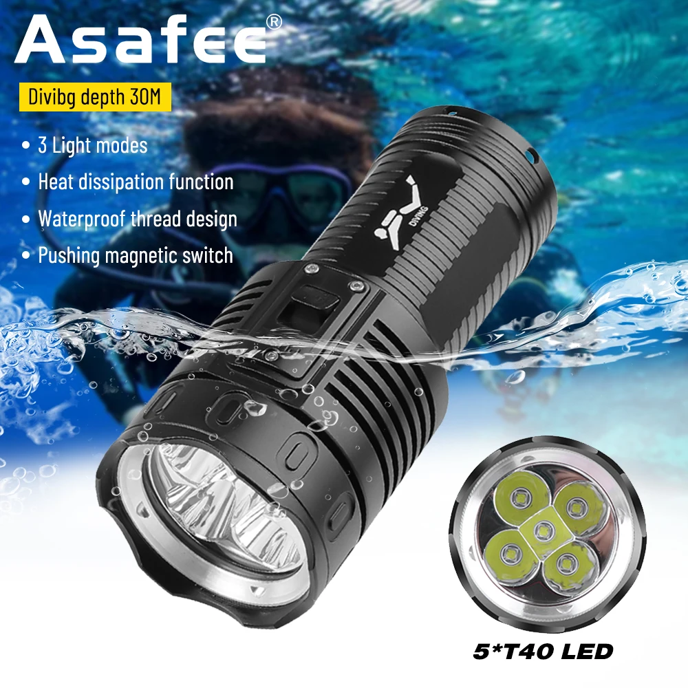 

Asafee D024 30M Underwater 5*T40 LED 3000LM Diving Flashlight 200M Range Torch IPX8 Waterproof Scuba Lantern Magnetic Switch