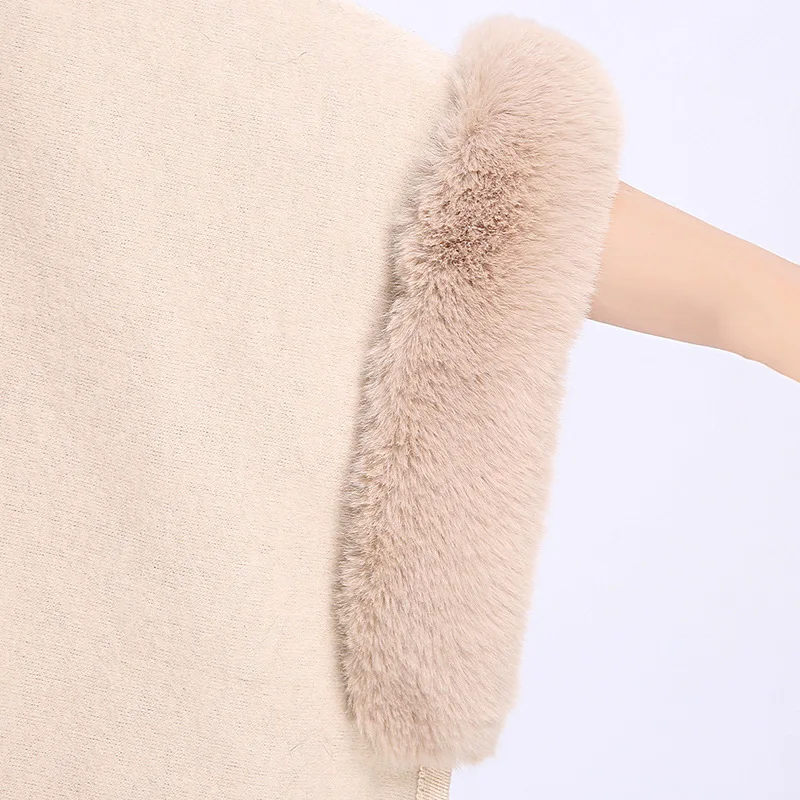 Autumn and winter new wool collar hooded double-sided nylon cardigan cape coat women