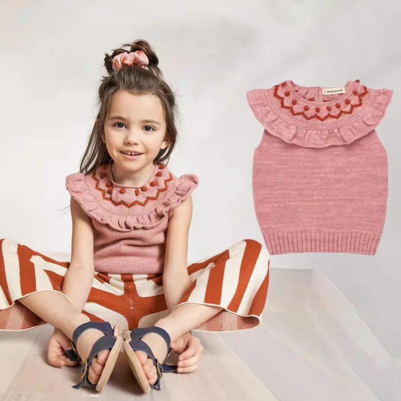 

In Stock Children's Pink Sweater Mp Girls T-shirt Sleeveless Spring and Summer Children's Knitted Lotus Leaf Collar Vest