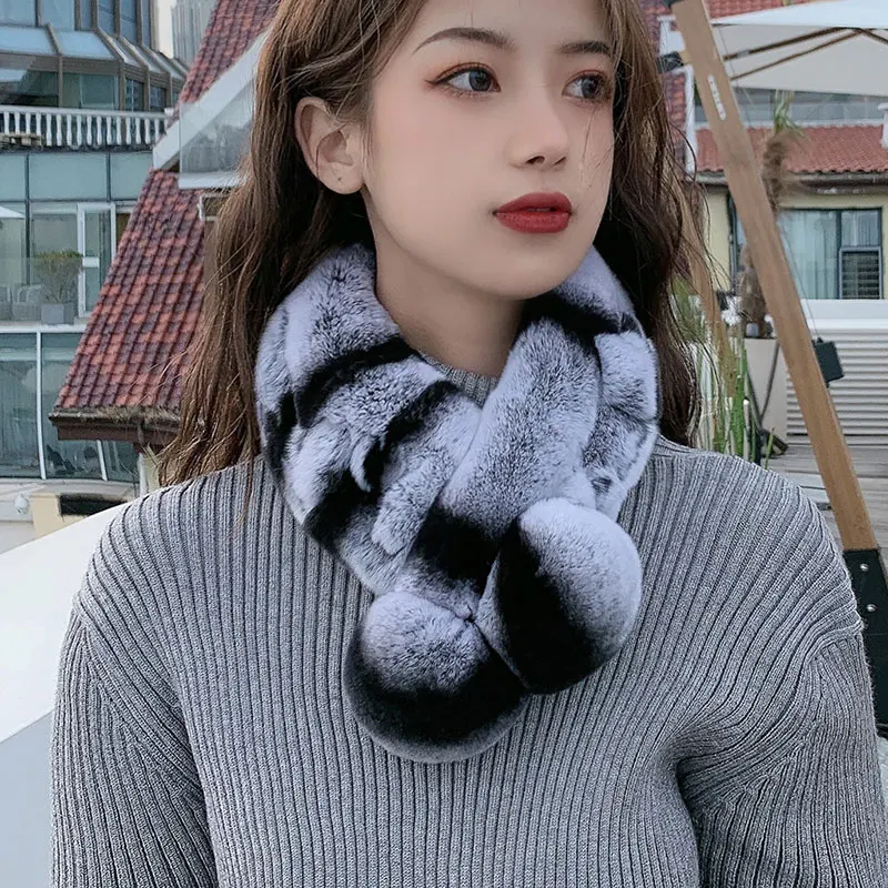 

Women Winter Warm Scarf Real Rex Rabbit Fur Chinchilla Color Female fur muffler Wraps Gift