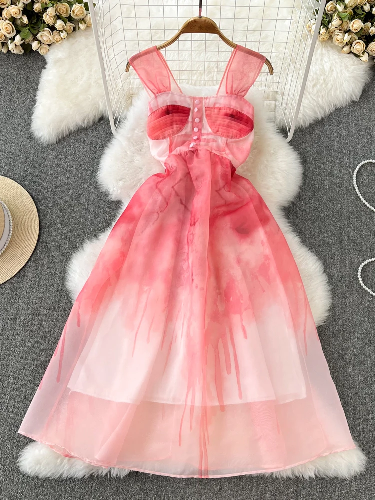 

Women Summer Dress French Retro Suspender High Grade Pink Halo Dye Gentle Fairy Fashion Waist Close Thin A-line Dress D2756