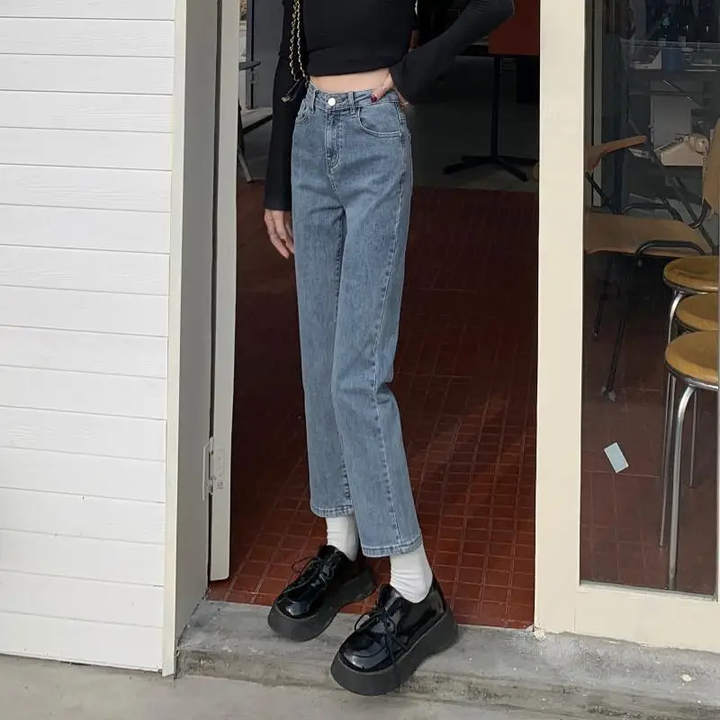 

N6742 Jeans women's new high waist slim all match light color nine points straight pants jeans