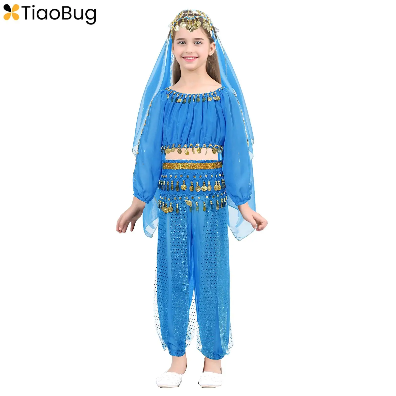 

Kids Girls 4 Piece Set Belly Dance Costume Oriental India Dancing Clothing Halloween Party Bollywood Performance Fancy Dress