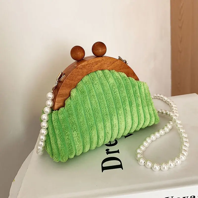 

Women Bag French Wood Handle Corduroy Fabric SOFT Hasp Vintage Shoulder Bag Purses and Handbags Crossbody Girls Bag